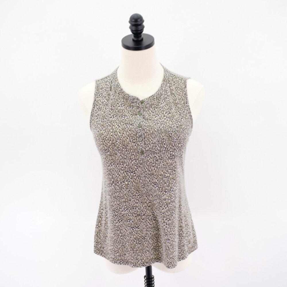 Liz Claiborne Petite PS Green Black Tan Spec Button Sleeveless Blouse Top